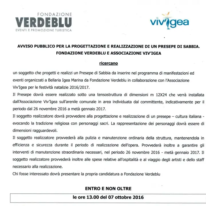 Avviso pubblico per la progettazione e realizzazione di un Presepe di Sabbia Avviso pubblico per la progettazione e realizzazione di un Presepe di Sabbia