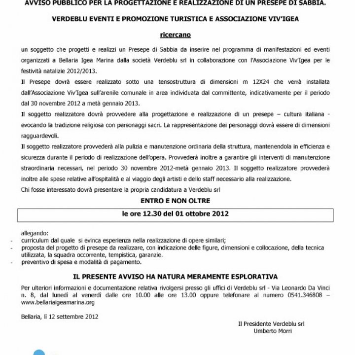 AVVISO PUBBLICO PER LA REALIZZAZIONE DI UN PRESEPE DI SABBIA festività 2012-2013
