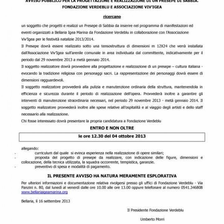 AVVISO PUBBLICO PER REALIZZAZIONE PRESEPE DI SABBIA festività 2013-2014