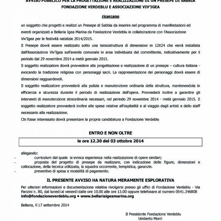 AVVISO PUBBLICO PER LA REALIZZAZIONE DI UN PRESEPE DI SABBIA A BELLARIA IGEA MARINA